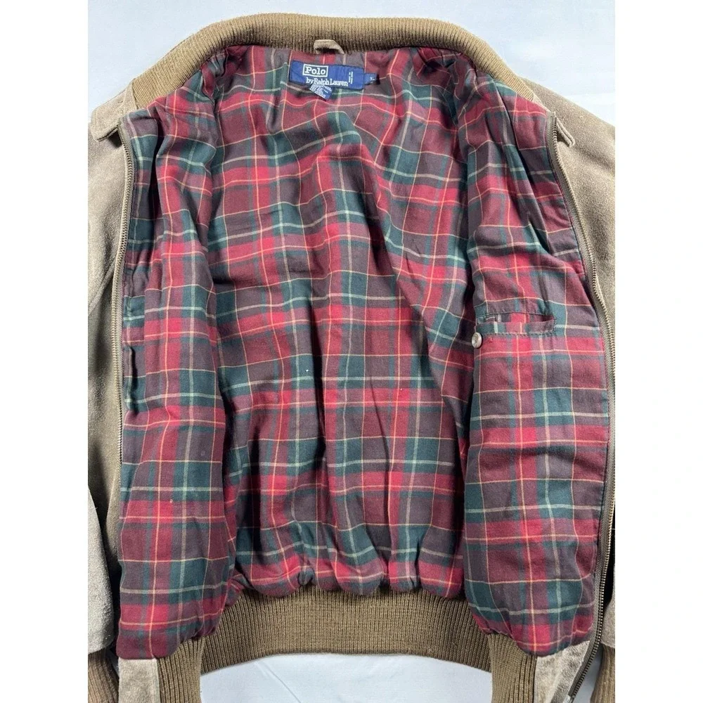 Polo Ralph Lauren Vintage Suede Leather Bomber Jacket Mens XL Plaid Lined 90s